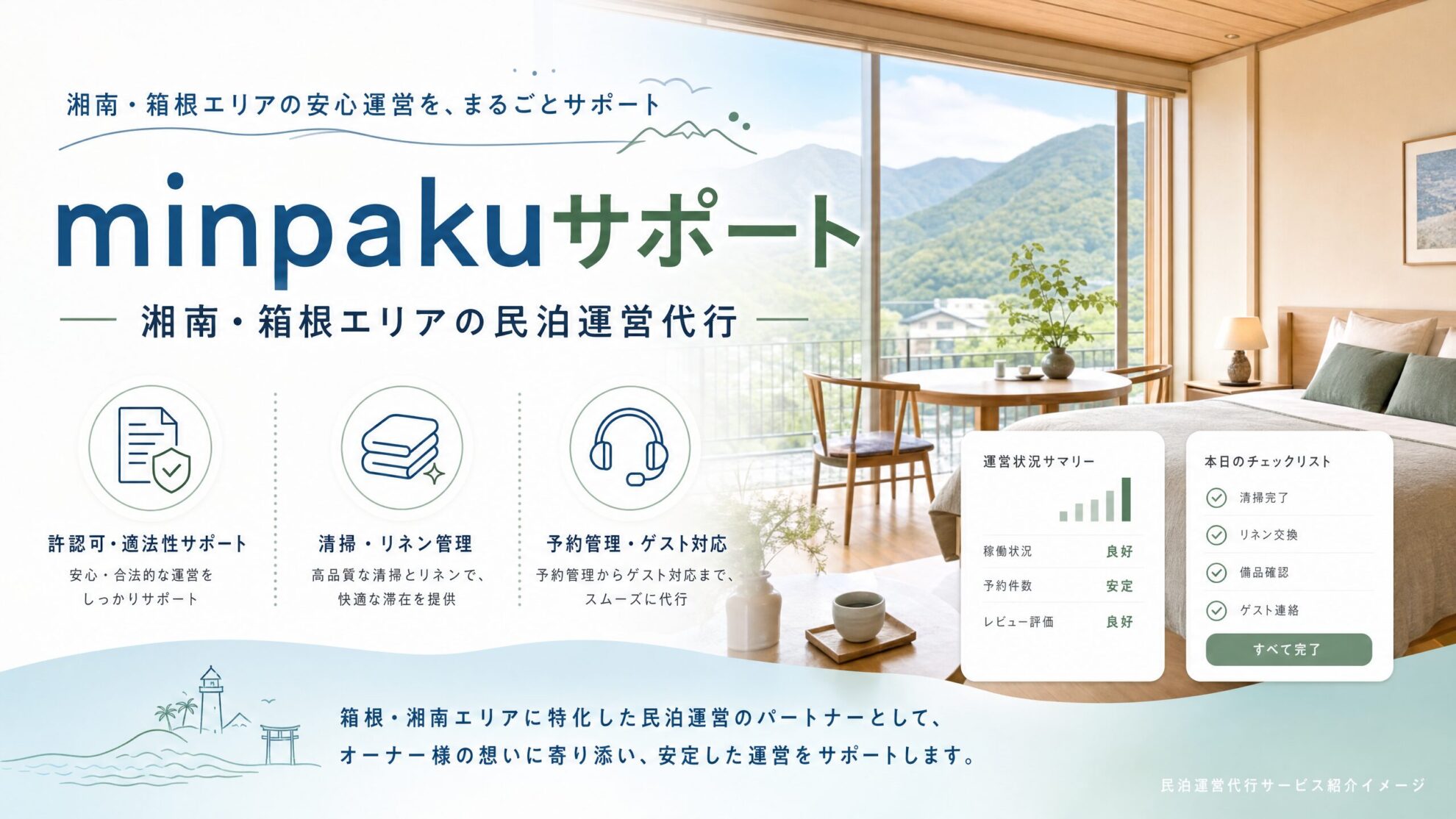 minpakuサポート(ミンサポ)の民泊運営代行サービス紹介イメージ